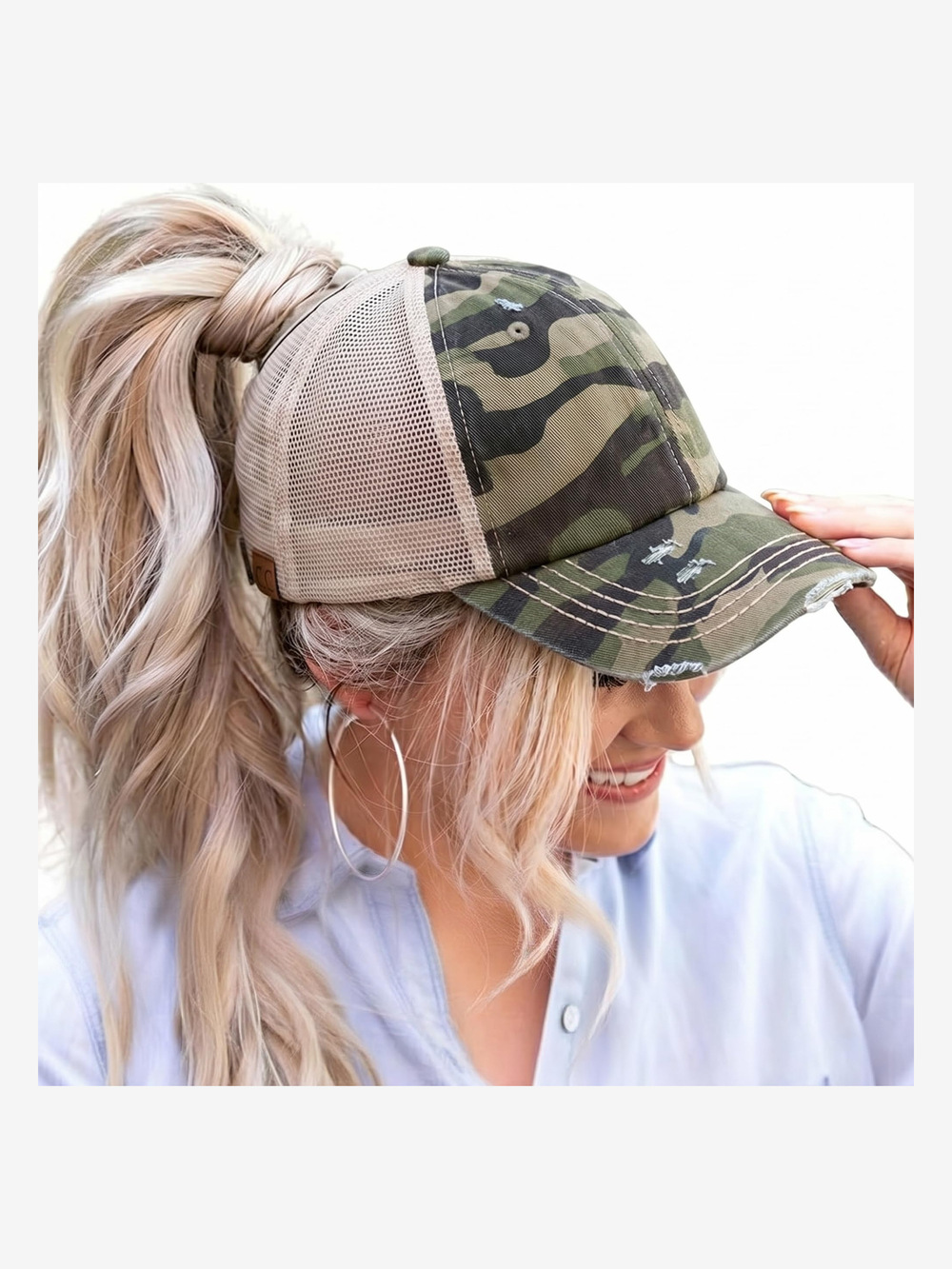 Criss Cross Ponytail Cap, Messy Bun Distressed Baseball | Tan, Green | Size OS